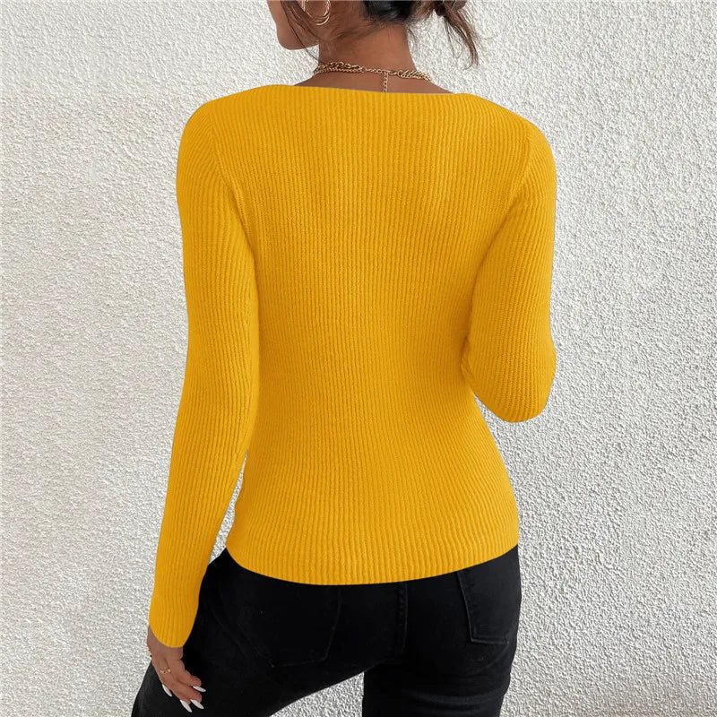 Maglia donna a costine con scollo a V e maniche lunghe