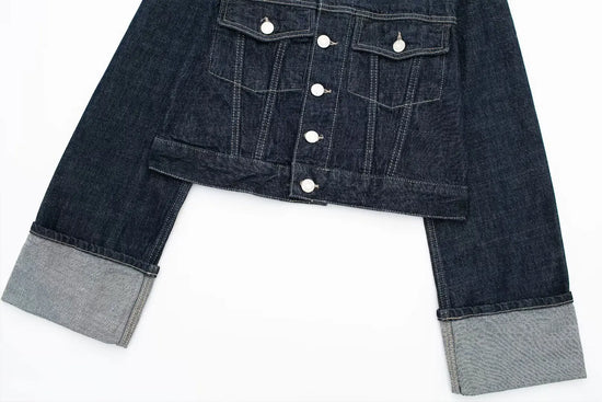 Giacca denim donna vintage 2025 – trench single-breasted con rever a collo, tasche & manica lunga blu scuro