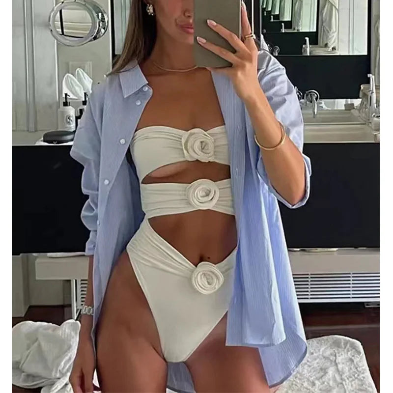 Bikini sexy 2025 con fiori 3D e taglio brasiliano a vita alta