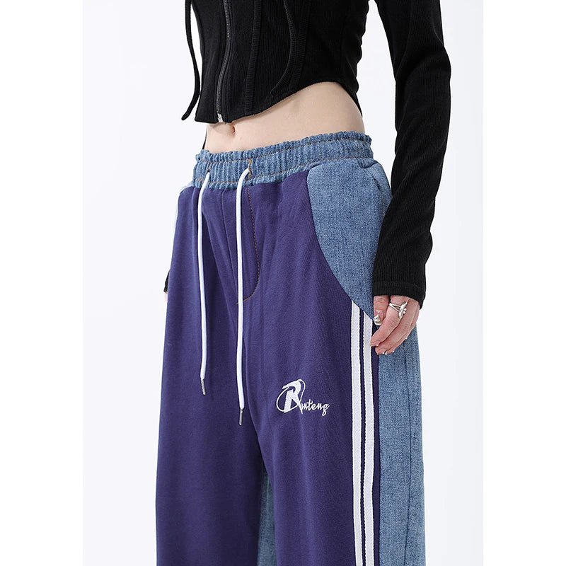 Pantaloni wide leg spliced donna – modello vita alta elasticizzata con tasche a contrasto, pantaloni larghi casual