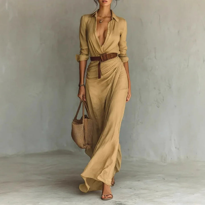 Vestito lungo donna 2025 ‒ abito elegante manica lunga con scollo profondo, cintura, taglio asimmetrico “irregular”, perfetto per party e occasioni speciali