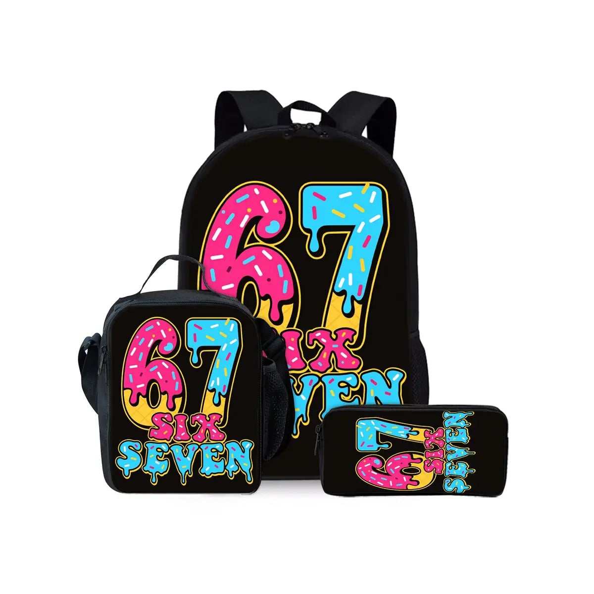 New Colorful Number 67 Print Three Piece Set Backpacks for Boy and Girls Best Gifts 2D Flat Cartoon School Bag for Children