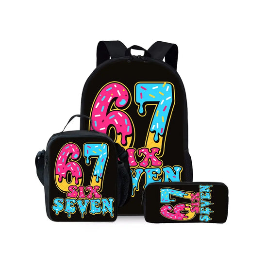 New Colorful Number 67 Print Three Piece Set Backpacks for Boy and Girls Best Gifts 2D Flat Cartoon School Bag for Children