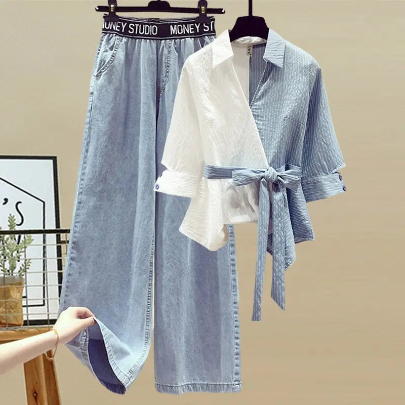 Set due pezzi donna 2025 – camicia chiffon cucita + jeans casual, elegante e leggero