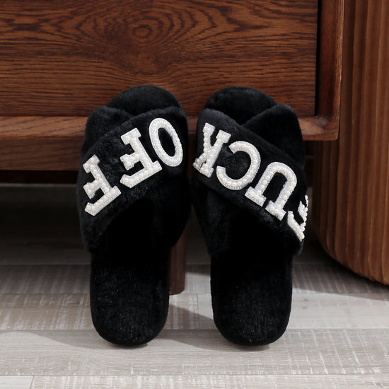 Ciabatte Donna F**K OFF in Peluche con Fasce Incrociate e Dettagli Strass