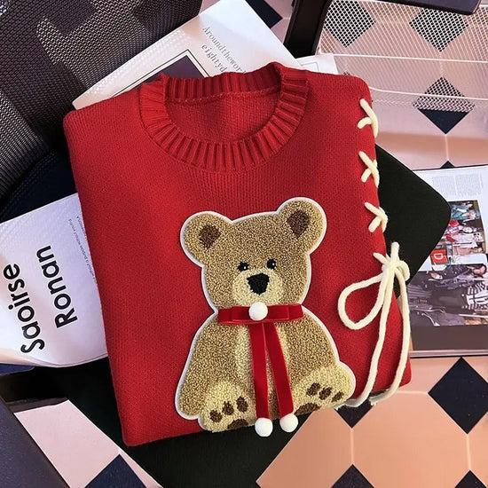 Pullover da donna – Maglione girocollo con orso, taglio loose knit autunno/inverno