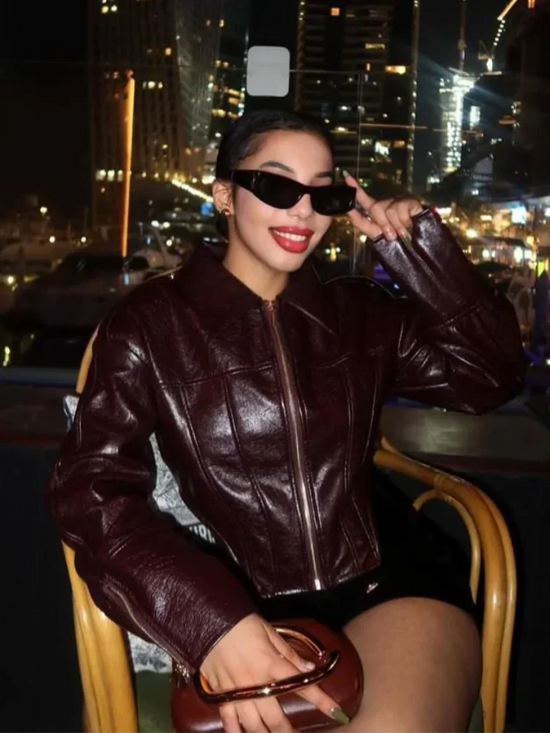 Giacca Biker Donna Effetto Pelle Lucida con Zip – Nero o Rosso