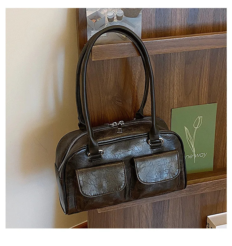 Borsa baguette donna retrò con doppie tasche frontali – trendy piccola underarm per il 2025