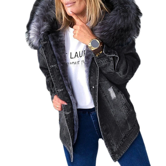 Giacca denim donna con cappuccio e collo peluche – Giubbotto imbottito invernale oversize con interno caldo