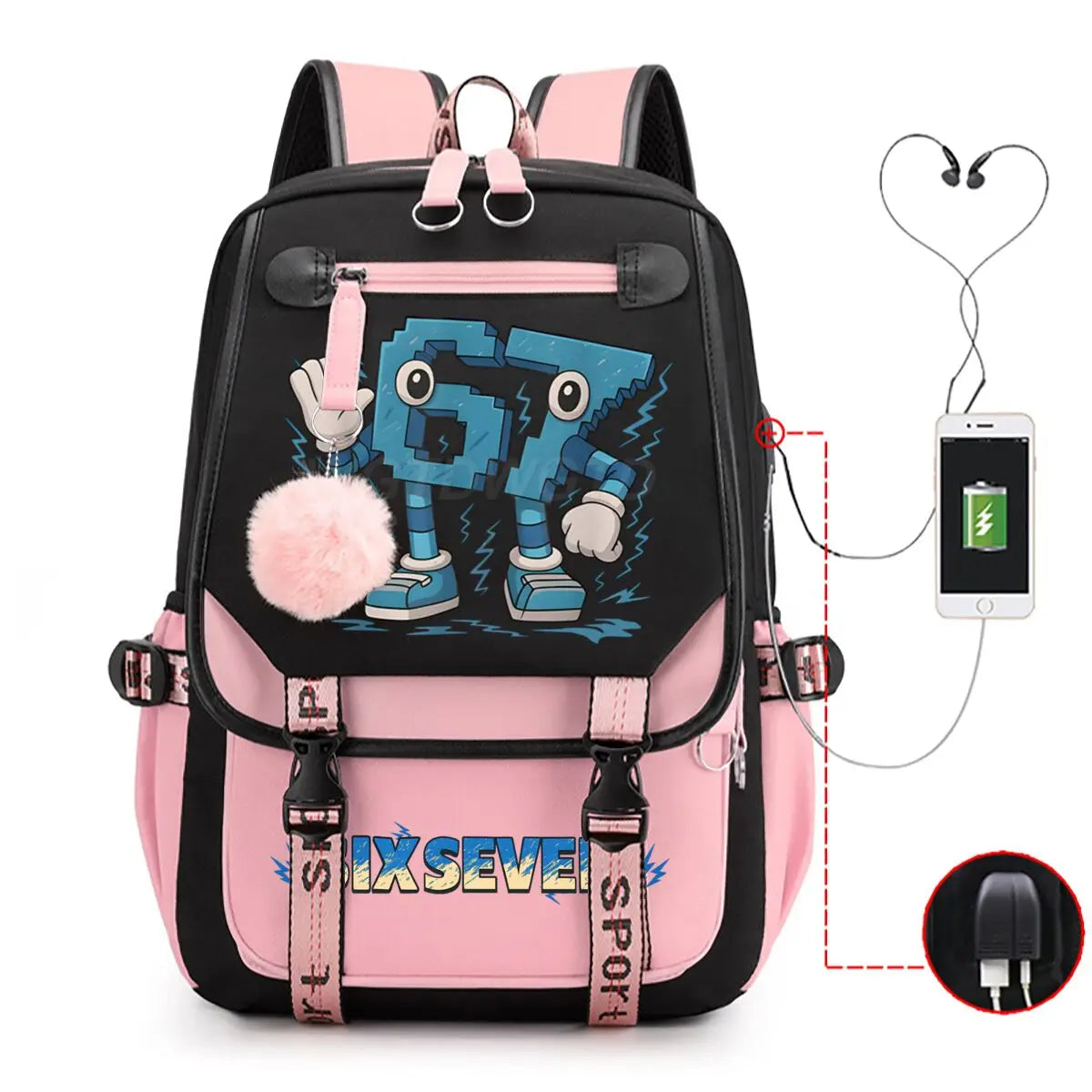 Cartoon Six Seven Italian Brainrot Funn Game Backpack College Girls Boys 67 Design Theme Back Pack Fashion USB Charging Bookbags
