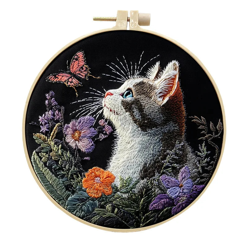 Kit Ricamo Gatto e Fiori – Set DIY Punto Croce per Principianti