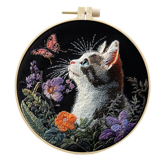 Kit Ricamo Gatto e Fiori – Set DIY Punto Croce per Principianti