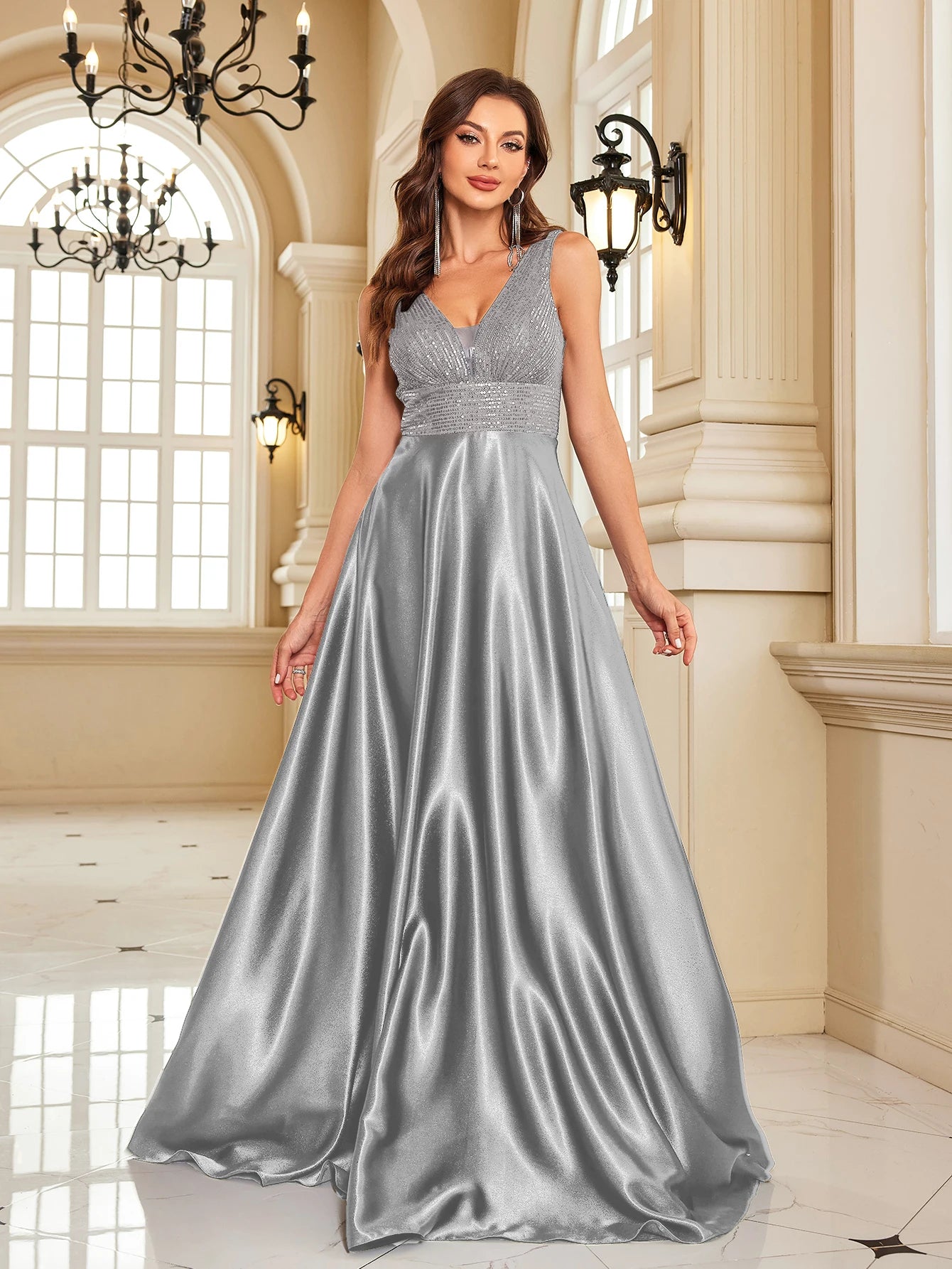 Abito Lungo Elegante Donna con Paillettes e Scollo V – Vestito Cerimonia Matrimonio