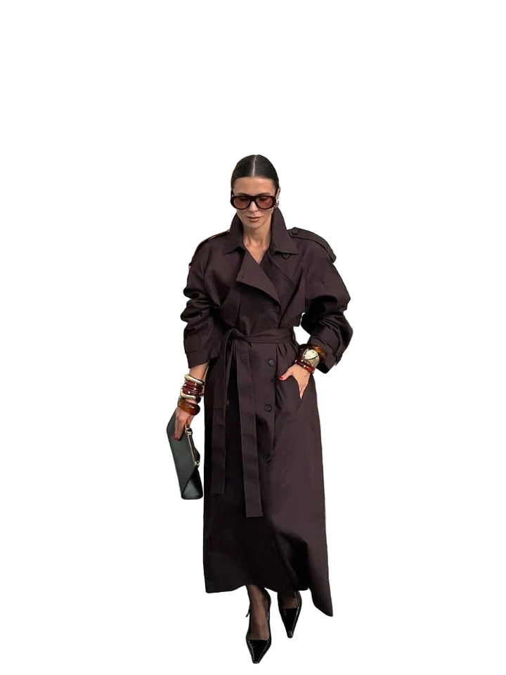Trench coat donna con lacci – Giacca lunga a maniche lunghe, doppio petto, colletto a revers, stile casual elegante per l'autunno/inverno 2025