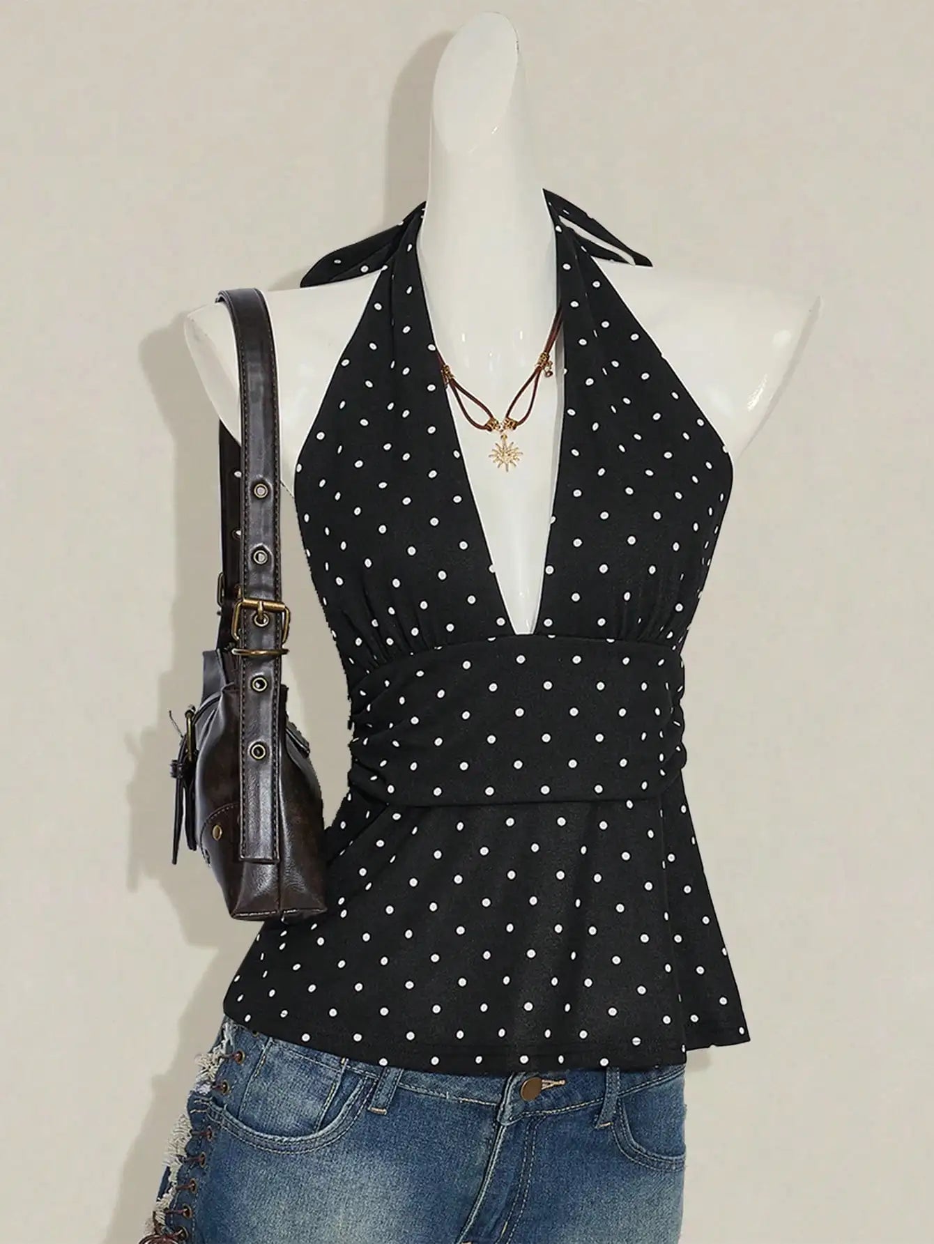 Women's Polka Dot Halter Top Sleeveless Deep V Neck Backless Tie Back Peplum Camisole for Summer