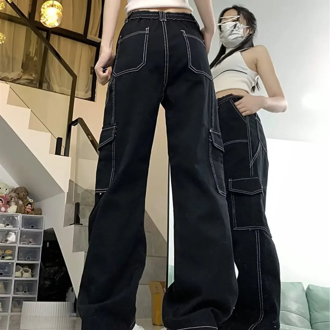 Jeans donna vita alta – Straight / loose fit a gamba dritta, cargo stile, effetto snellente per primavera/autunno