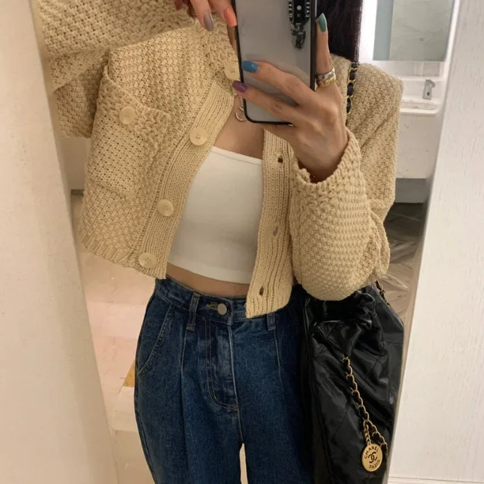 Cardigan donna coreano maniche corte collo polo – versatile knit senza maniche, girocollo, perfetto per tutte le stagioni