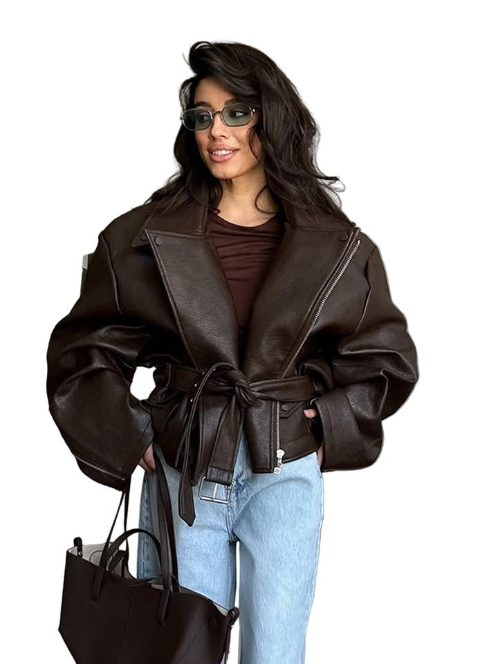 Giacca bomber donna marrone vintage con collo a rever, cintura e zip ‒ outerwear street chic autunno/inverno 2025