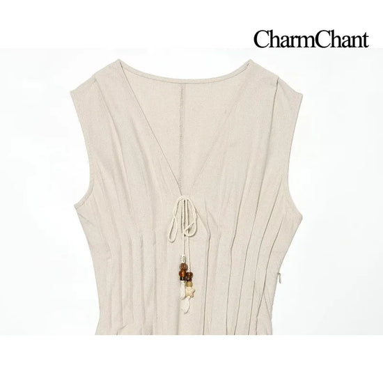 Abito Donna in Lino e Cotone – Vestito Beige Estivo con Scollo a V