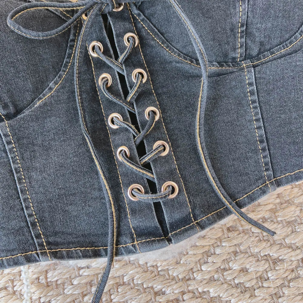 Top Denim Corsetto con Reggiseno Integrato – Crop Top Donna