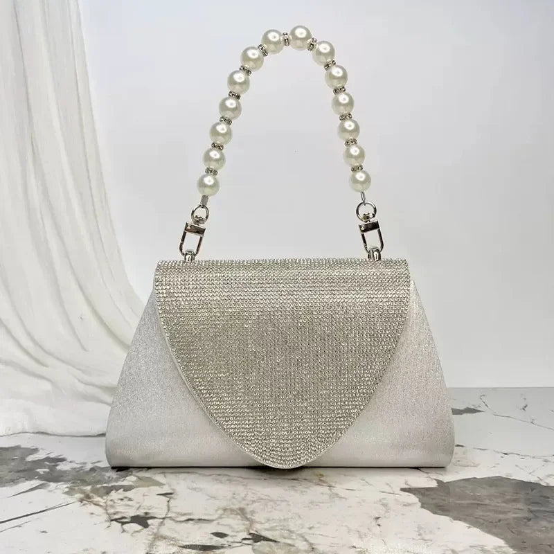 Clutch quadrata con perle e strass – Borsa da sera elegante per cocktail e matrimonio