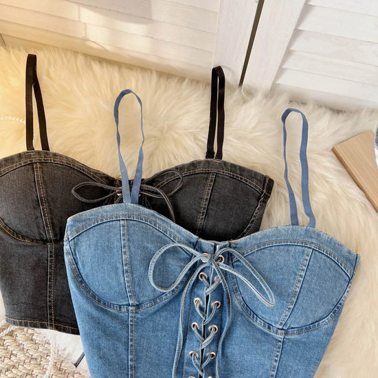 Top Denim Corsetto con Reggiseno Integrato – Crop Top Donna
