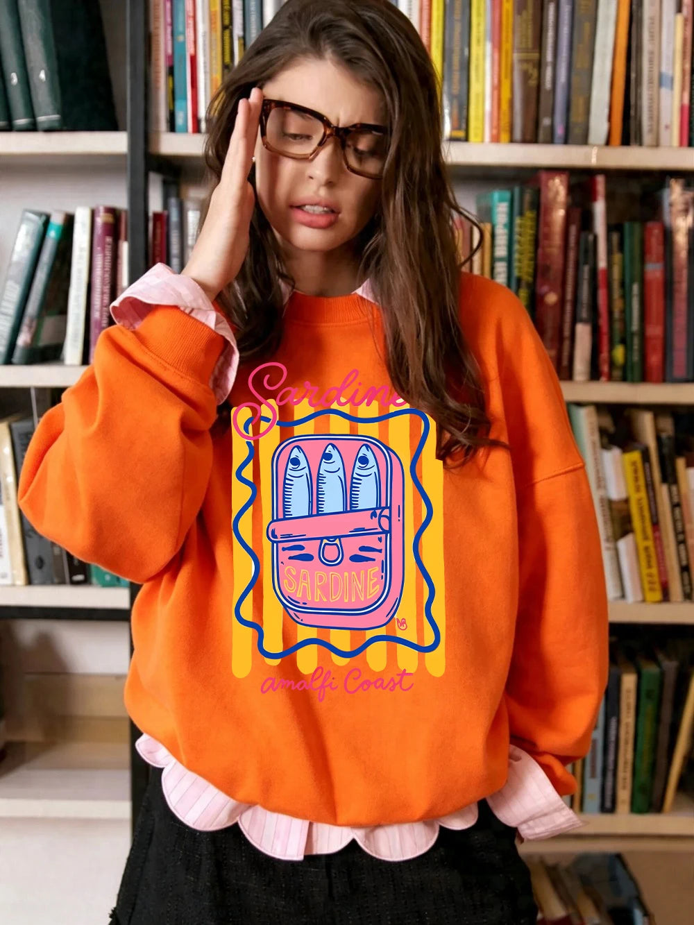 Felpa donna girocollo con stampa sardine Amalfi Coast - Arancione (Orange)
