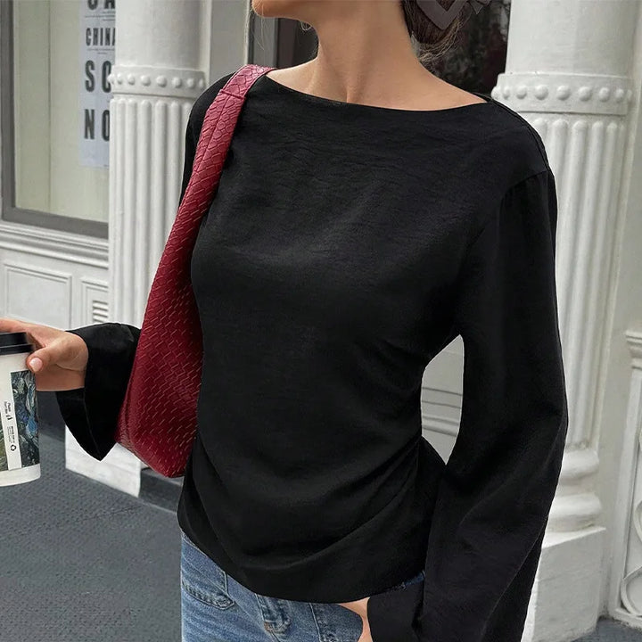 Maglia nera manica lunga con cappuccio da donna – stile elegante per pendolarismo, primavera/autunno, colore puro, poliestere, scollo rotondo