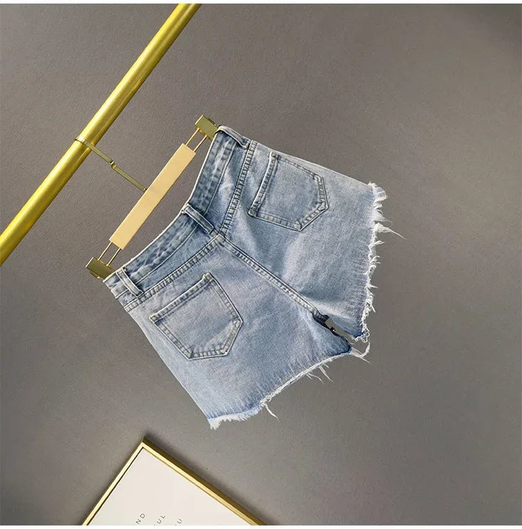 Shorts jeans donna Y2K vita alta con strass e frange – Primavera 2025