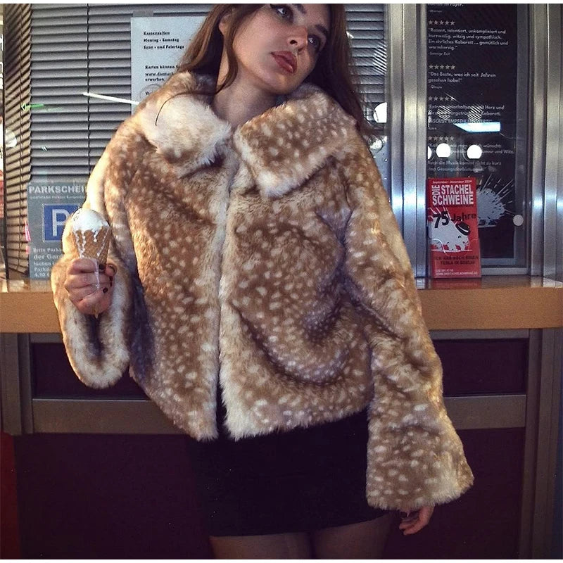 Giacca corta in pelliccia sintetica con stampa leopardata e colletto a revers – giacca donna chic per l'inverno 2025