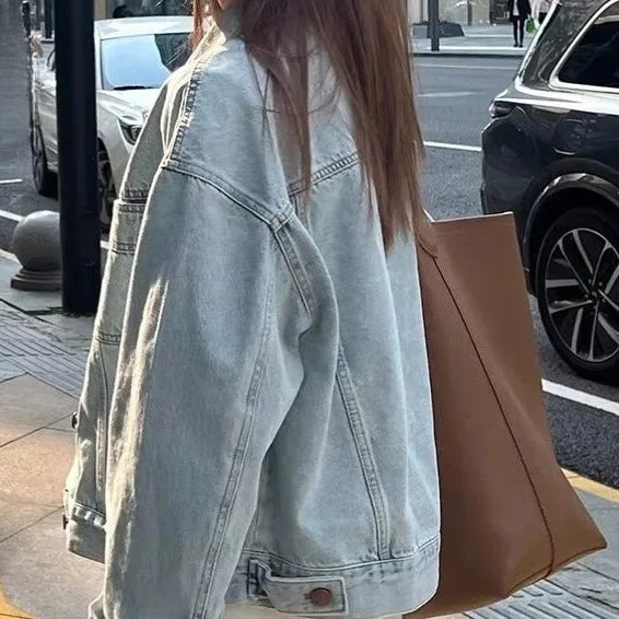 Giacca di jeans donna stile retro – Leggera e casual per primavera e autunno, maniche lunghe, taglio corto e ampio