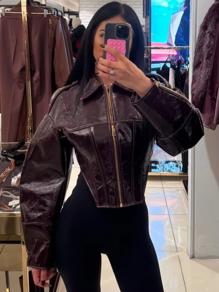 Giacca Biker Donna Effetto Pelle Lucida con Zip – Nero o Rosso