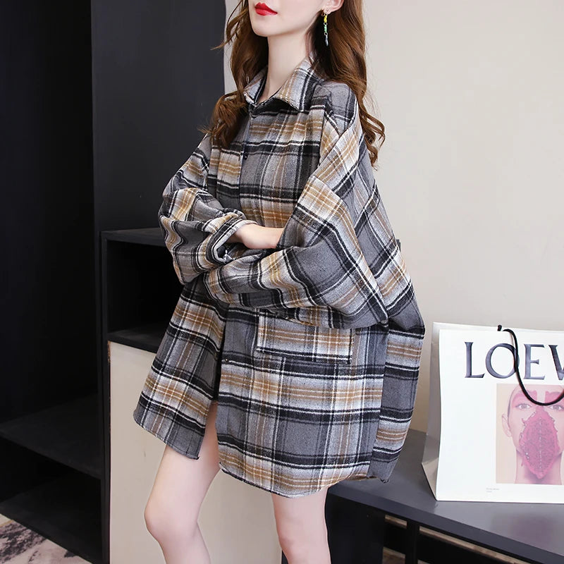 Camicia a quadri donna autunno 2025 – camicia manica lunga stile preppy vintage, taglio loose, single-breasted