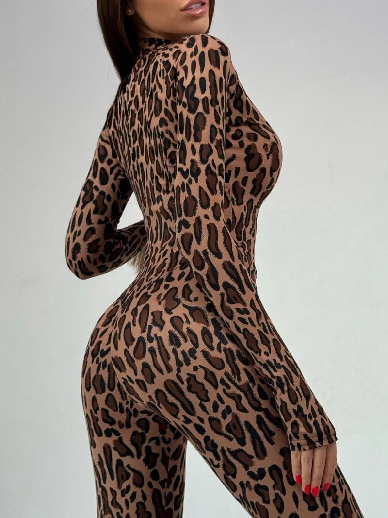 Tuta intera donna zip-front leopard print 2025 – jumpsuit a manica lunga vita alta, bodysuit sportivo-chic