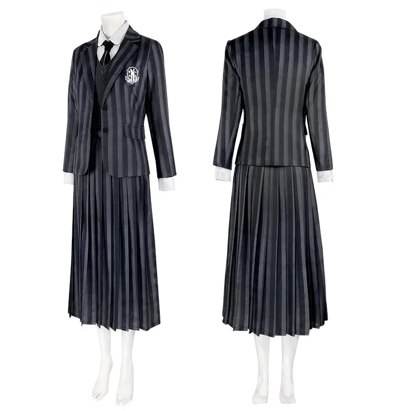 Costume università Mercoledi Addams 2025 – uniforme scolastica cosplay con giacca, gilet, gonna, perfetto per Halloween/adulti e bambini