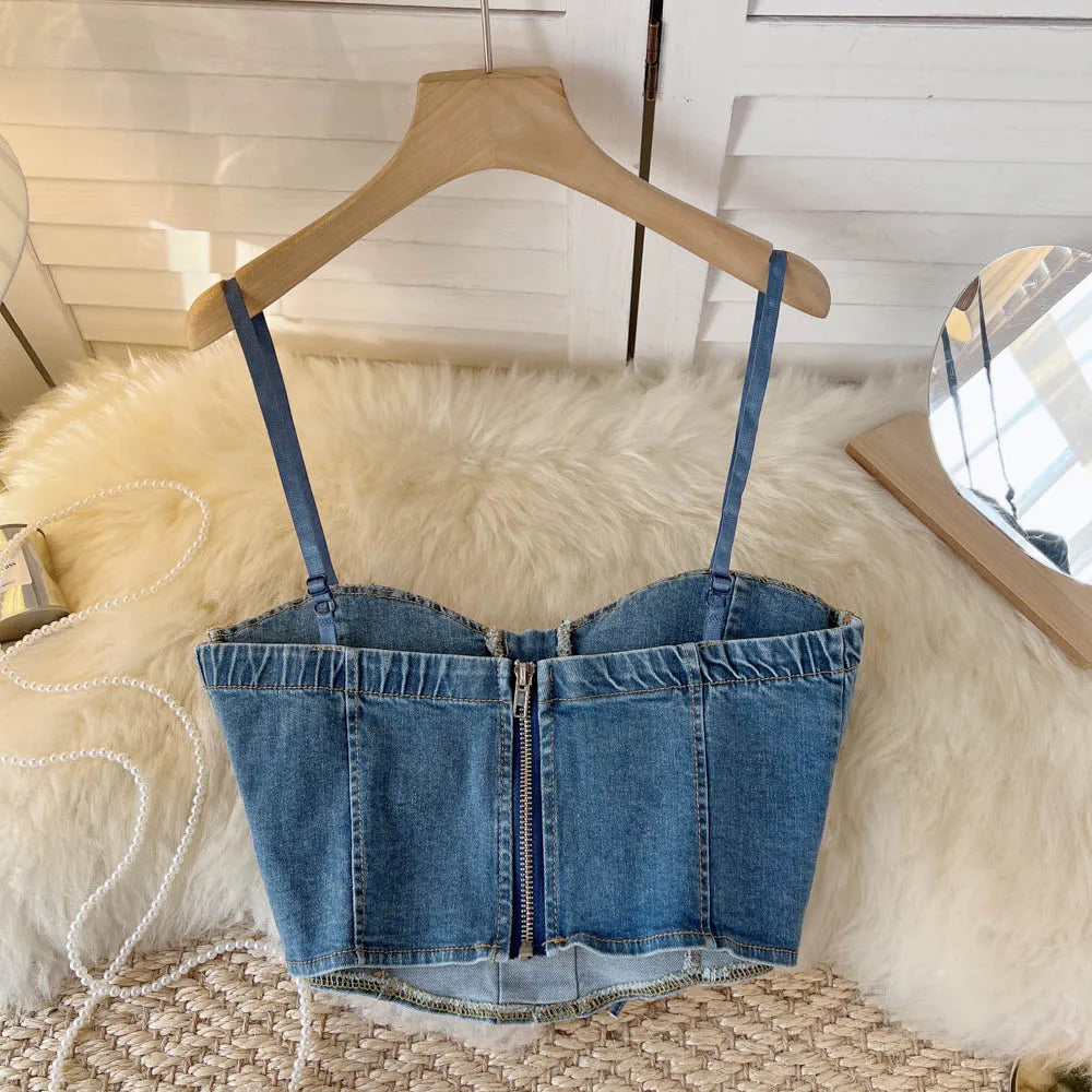 Top Denim Corsetto con Reggiseno Integrato – Crop Top Donna