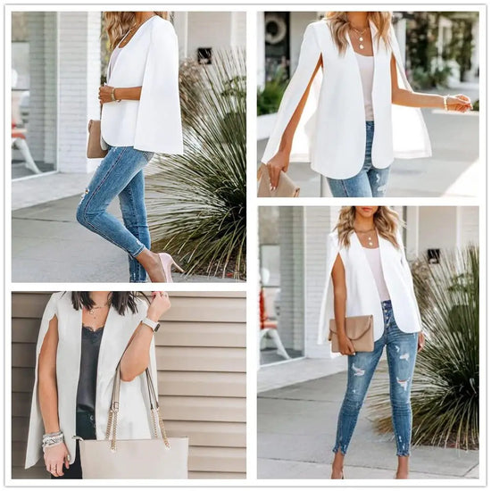 Giacca blazer donna senza colletto stile mantella – giacca da ufficio casual autunno primavera con maniche a mantella e collo aperto