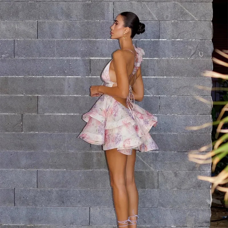 Vestito estivo mini chiffon floreale con scollatura profonda e maniche a palloncino – Abito da sera Fairycore 2025
