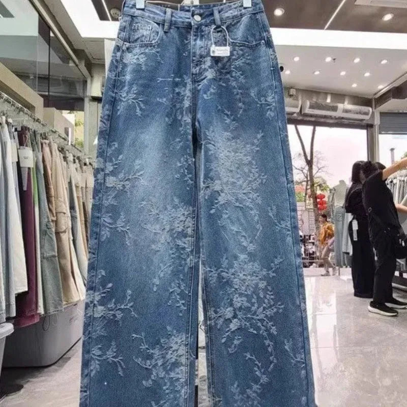 Jeans Wide Leg Donna a Vita Alta con Motivo Jacquard