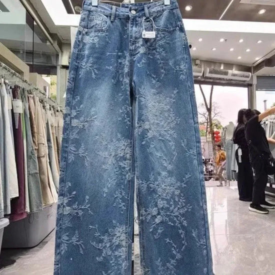 Jeans Wide Leg Donna a Vita Alta con Motivo Jacquard