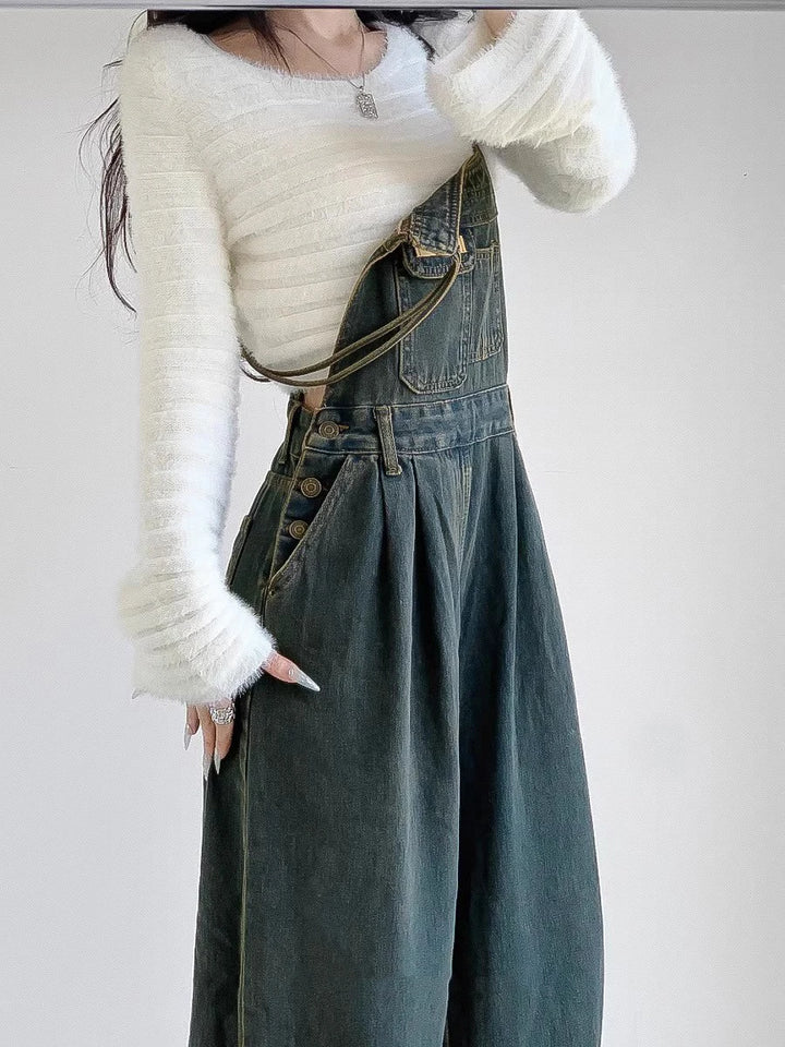 Tuta donna denim verde wash anni ’90 – wide-leg oversize stile Y2K, salopette casual elegante