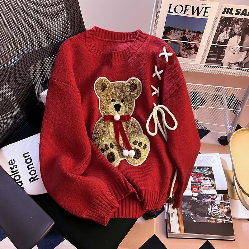 Pullover da donna – Maglione girocollo con orso, taglio loose knit autunno/inverno