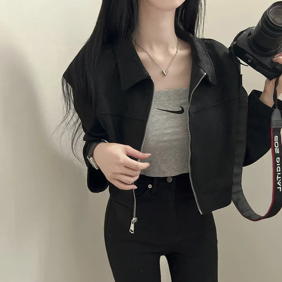Giacca in pelle donna stile vintage – Giubbotto corto con zip, collo alla coreana, taglio slim fit, versatile e alla moda