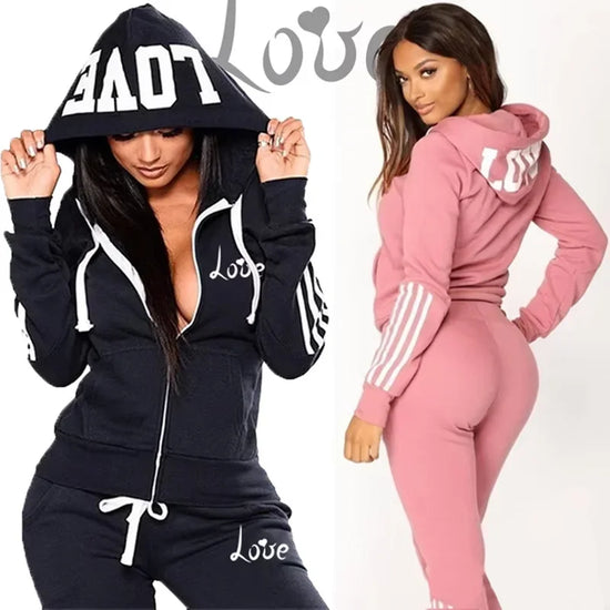 Set tuta donna autunno/inverno 2025 – Felpa con cappuccio + pantaloni con stampa “Love Letter”, outfit sportivo fashion