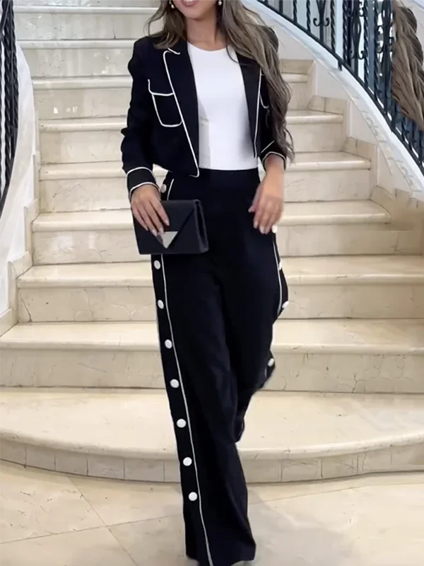 Completo Donna Elegante Blazer Cropped e Pantalone Palazzo