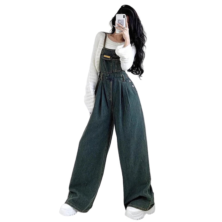 Tuta donna denim verde wash anni ’90 – wide-leg oversize stile Y2K, salopette casual elegante