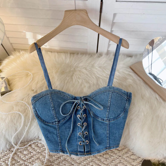 Top Denim Corsetto con Reggiseno Integrato – Crop Top Donna