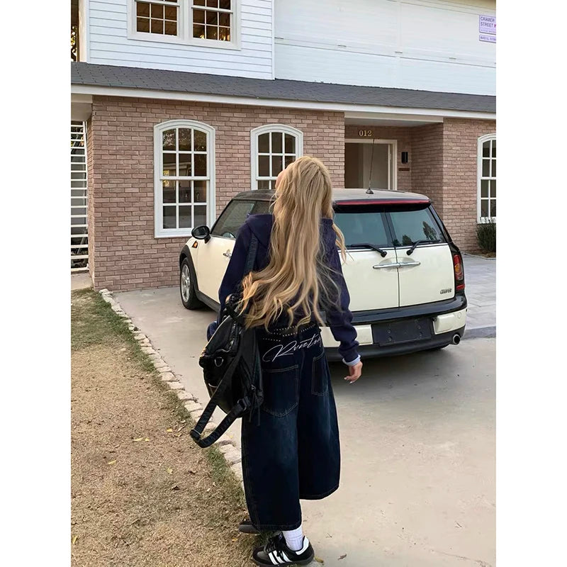 Jeans baggy wide leg donna Y2K – modello retrò vita alta in denim blu oversize 2025