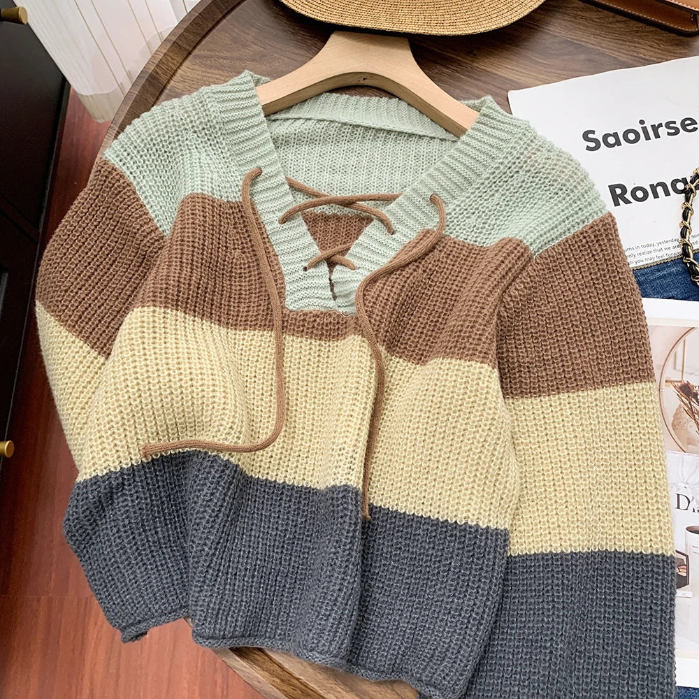 Pullover donna a righe multicolore con scollo lacciato – Maglione crop a maniche lunghe, knit casual autunno/inverno