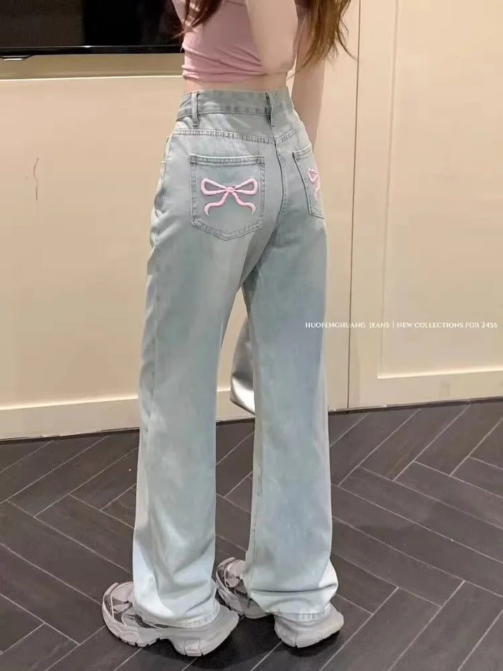 Jeans Straight Leg Donna con Fiocco e Ricamo